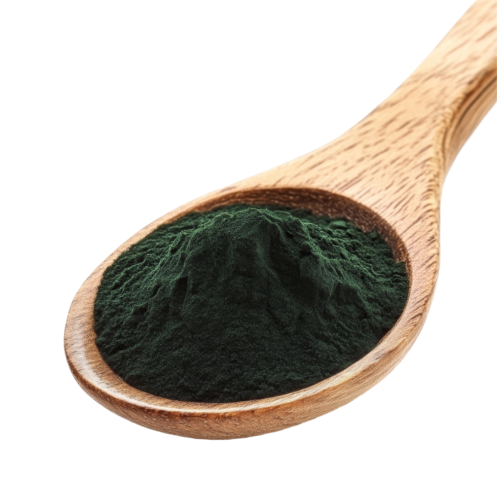 Spirulina powder in a wooden spoon isolated on transparent background for health and wellness use, spirulina powder on wooden spoon isolated on transparent background png