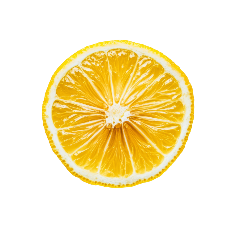 Freshly sliced lemon showcases its bright yellow inner texture against a stark transparent background in a culinary setting, lemon on transparent background png