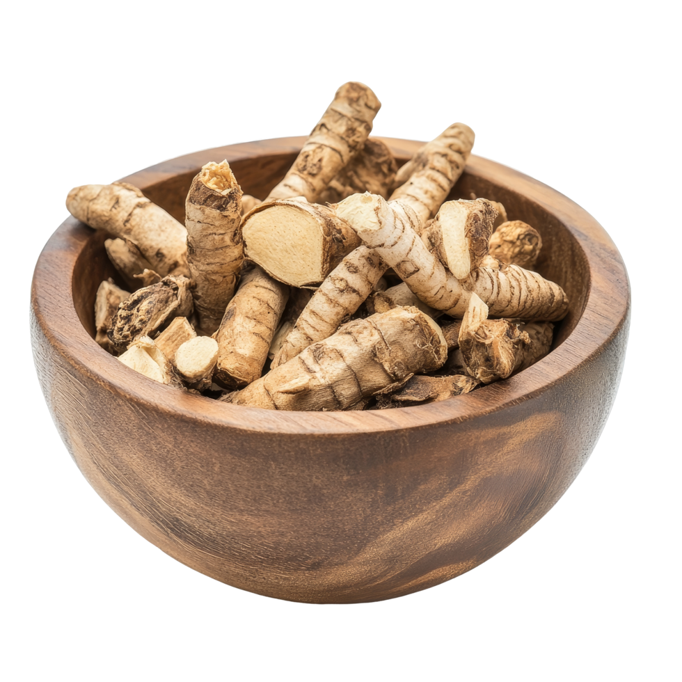 Finger root Krachai Thai herb displayed in a wooden bowl for culinary and medicinal uses, finger root Krachai Thai herb in wood bowl isolated on transparent background png