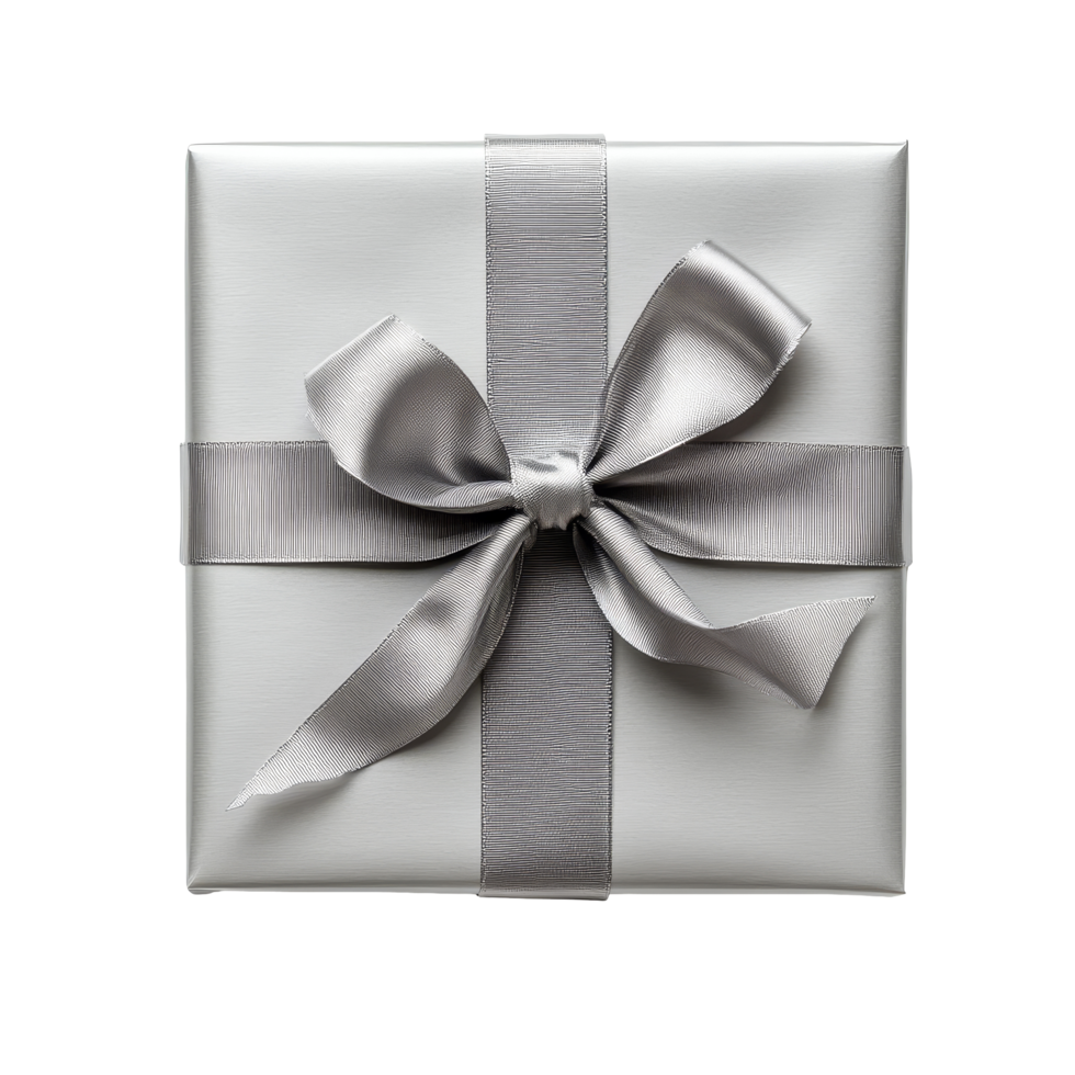 Elegant silver ribbon atop a neatly wrapped gift box isolated on a transparent background for festive occasions, Top view of silver ribbon on gift box isolated on transparent backgroundfile png