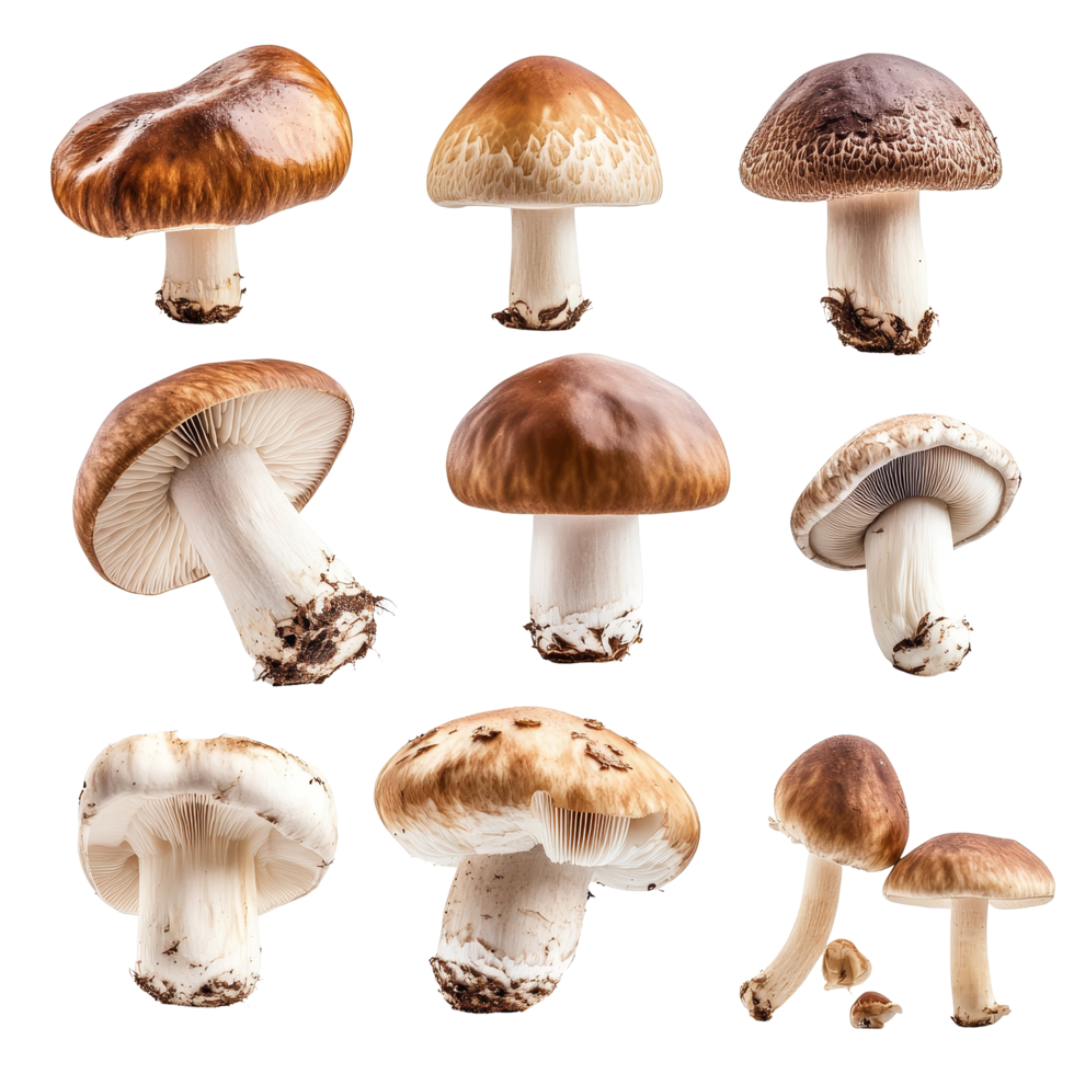 Various types of mushrooms displayed on a clean transparent background showcasing diversity in shape and color, Multiple mushrooms isolated on transparent background png