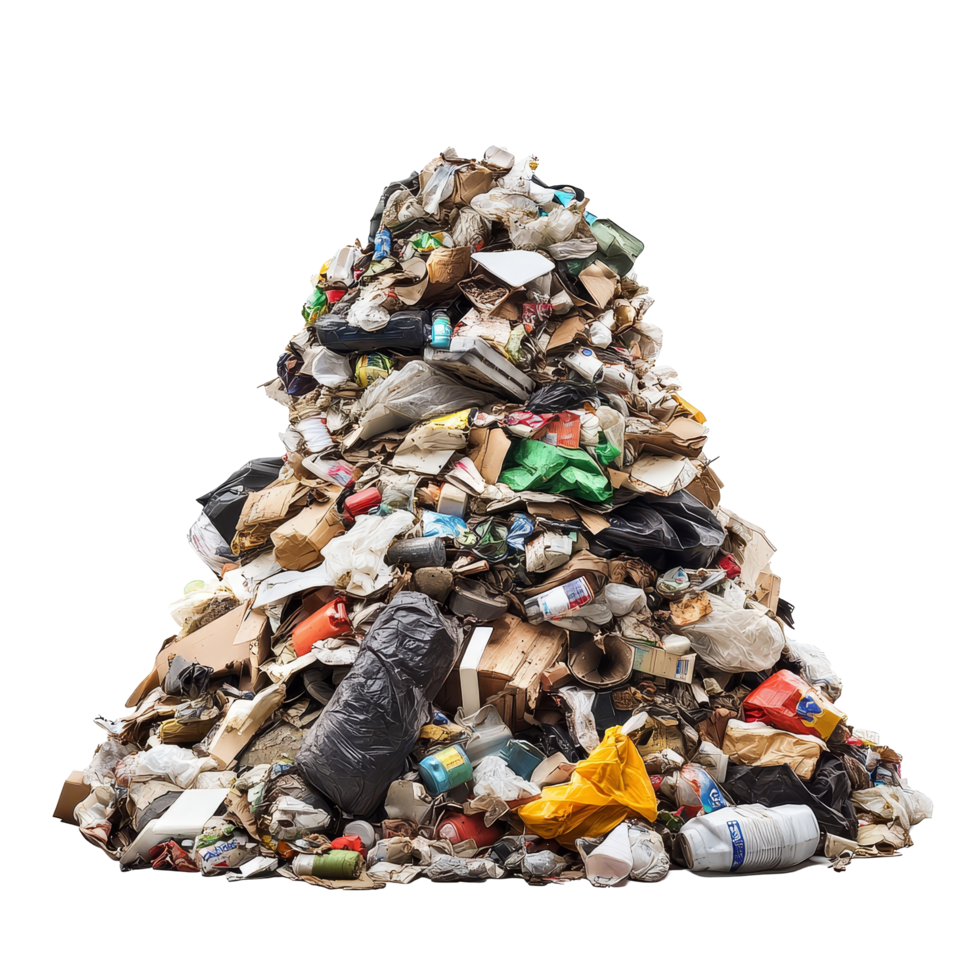 A towering pile of assorted trash and junk isolated against a bright backdrop highlighting waste and pollution concerns, towering pile of trash junk isolated on transparent background png