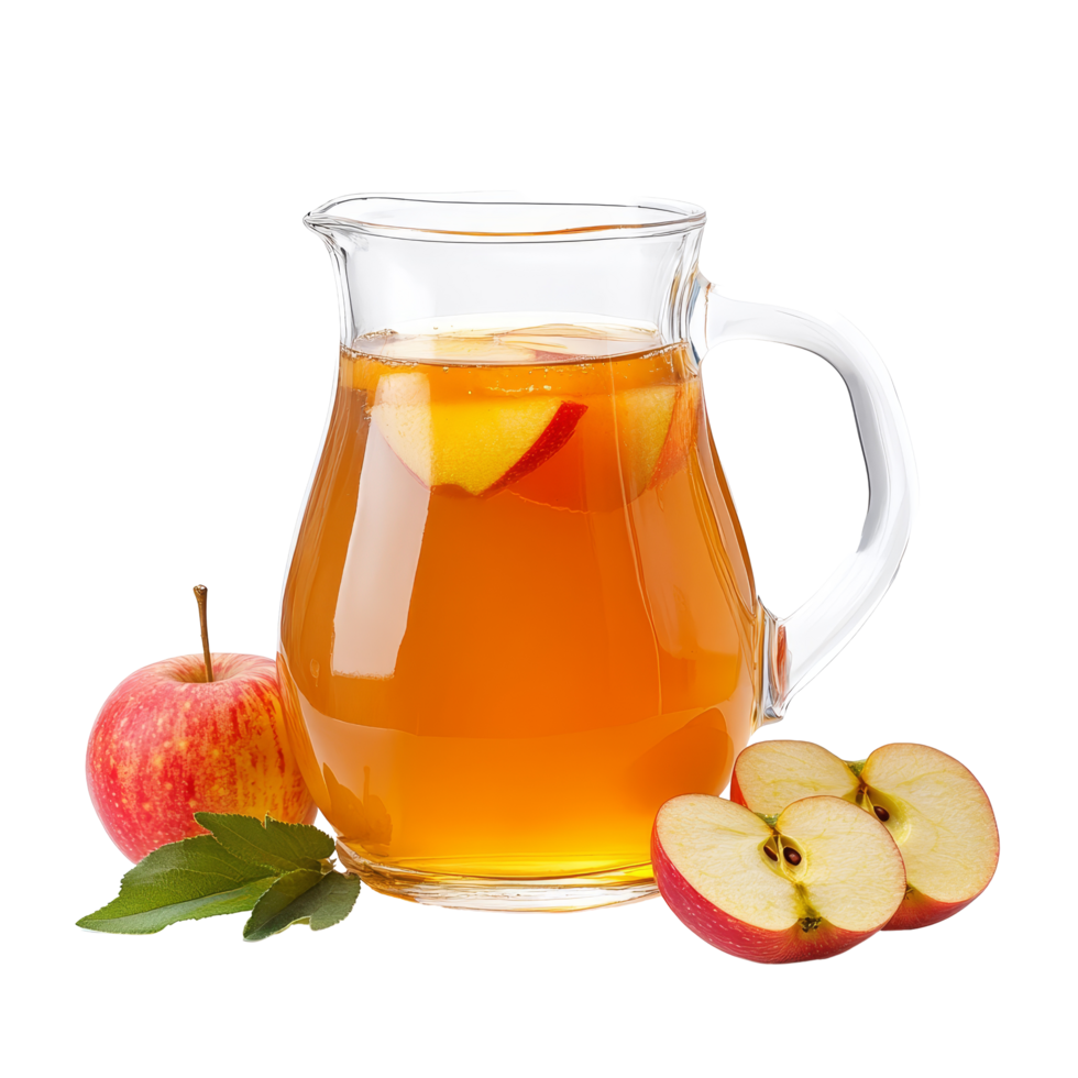 Refreshing apple juice in a clear pitcher with whole and sliced apples on a transparent background, Apple juice in a pitcher isolated png