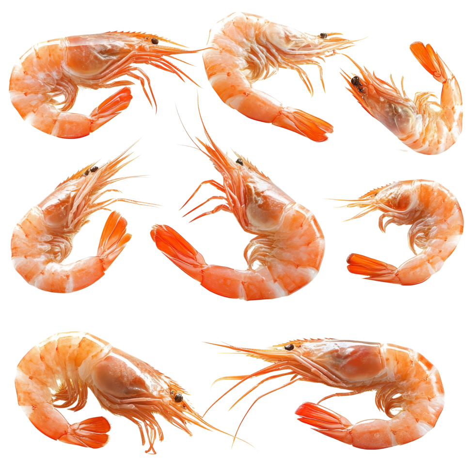 A vibrant collection of fresh shrimp displayed on a transparent background showcasing their delicate features and natural colors, grilled shrimp isolated on transparent background png