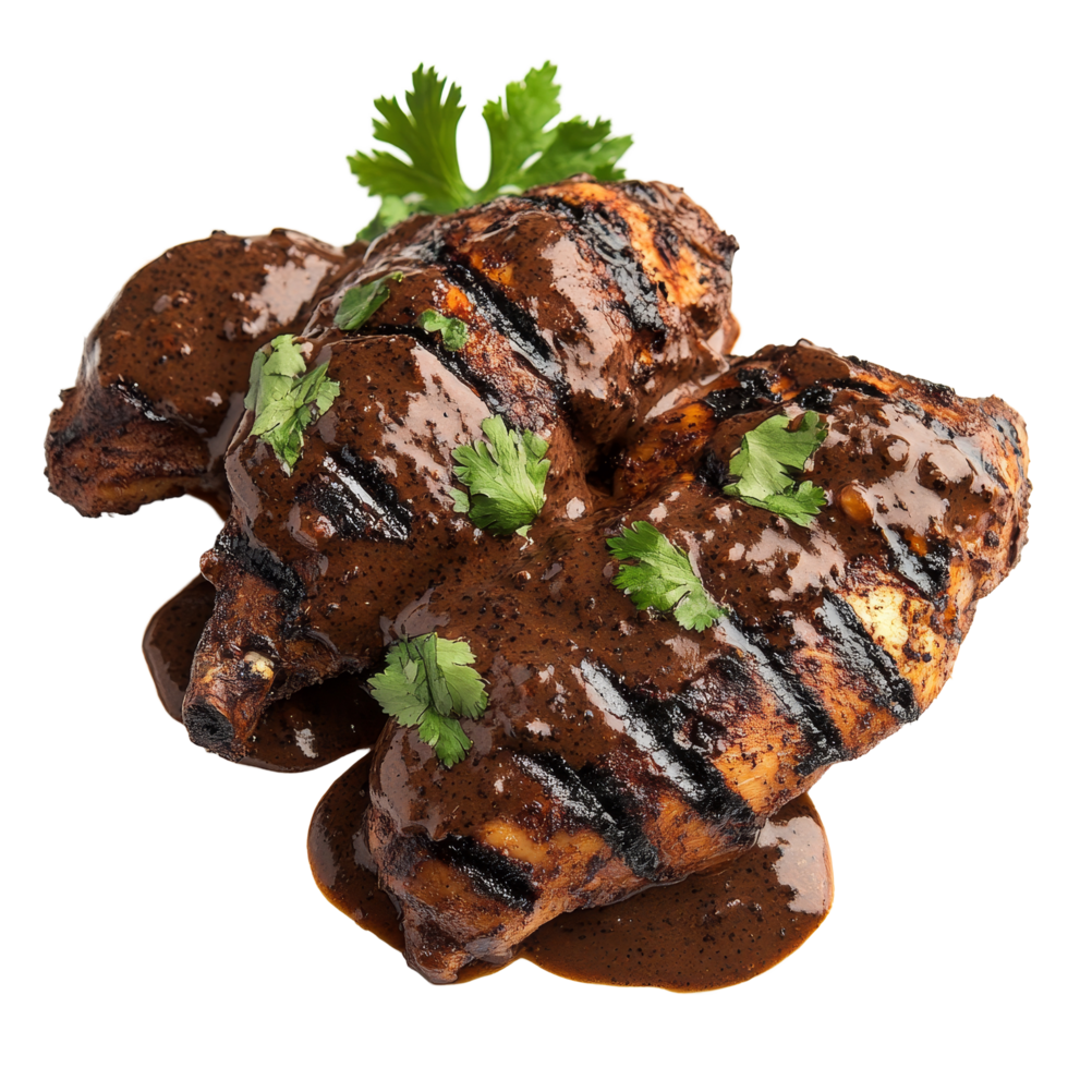 Delicious grilled chicken topped with rich mole poblano served on a transparent plate, grilled chicken with mole poblano isolated on transparent background png