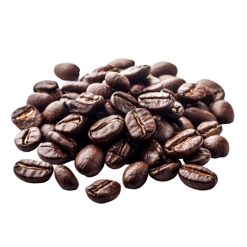 Freshly roasted coffee beans scattered against a transparent background showcasing their rich texture and dark color, coffee to go cup on transparent background png