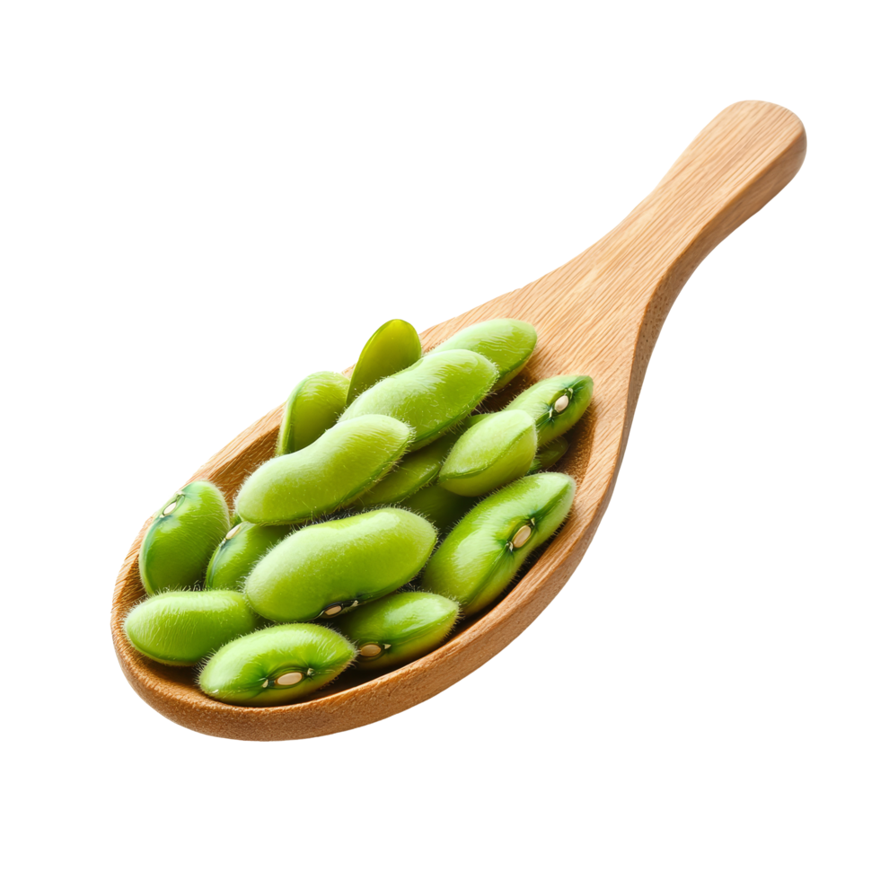 Fresh green soybeans in a wooden spoon isolated on a transparent background for culinary and health purposes, green soybeans in wood spoon isokated on transparent background png