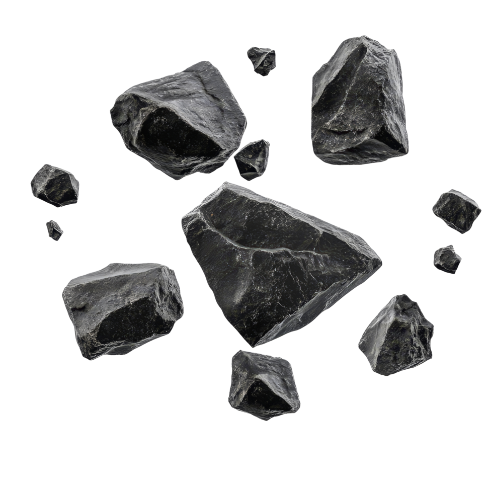 Flying black rocks isolated against a transparent background, showcasing unique textures and shapes in midair formation, flying black rocks isolated on transparent background png