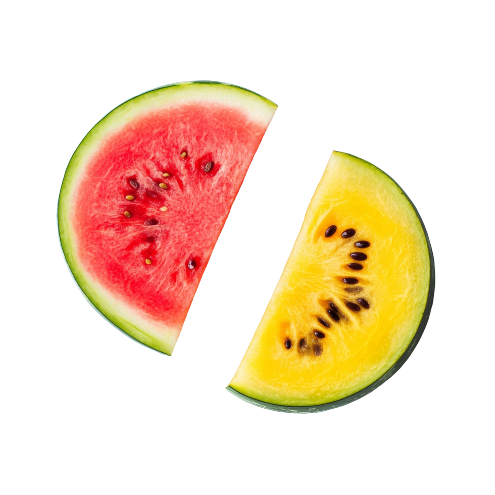 Freshly sliced red and yellow watermelon halves on a transparent background ready for summer refreshment, red and yellow water melon on transparent background png