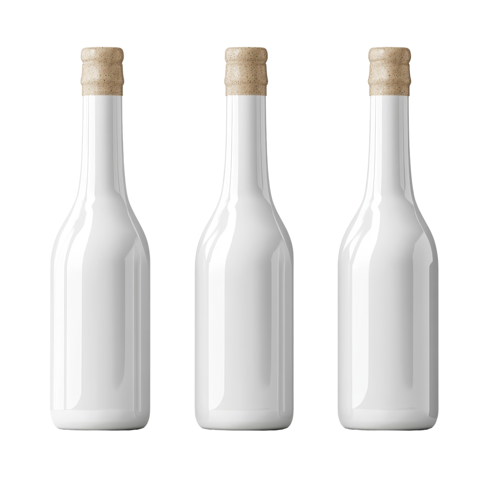 Three transparent bottles arranged neatly against a clean transparent background showcasing simplicity and elegance, transparent bottles isolated on transparent background png