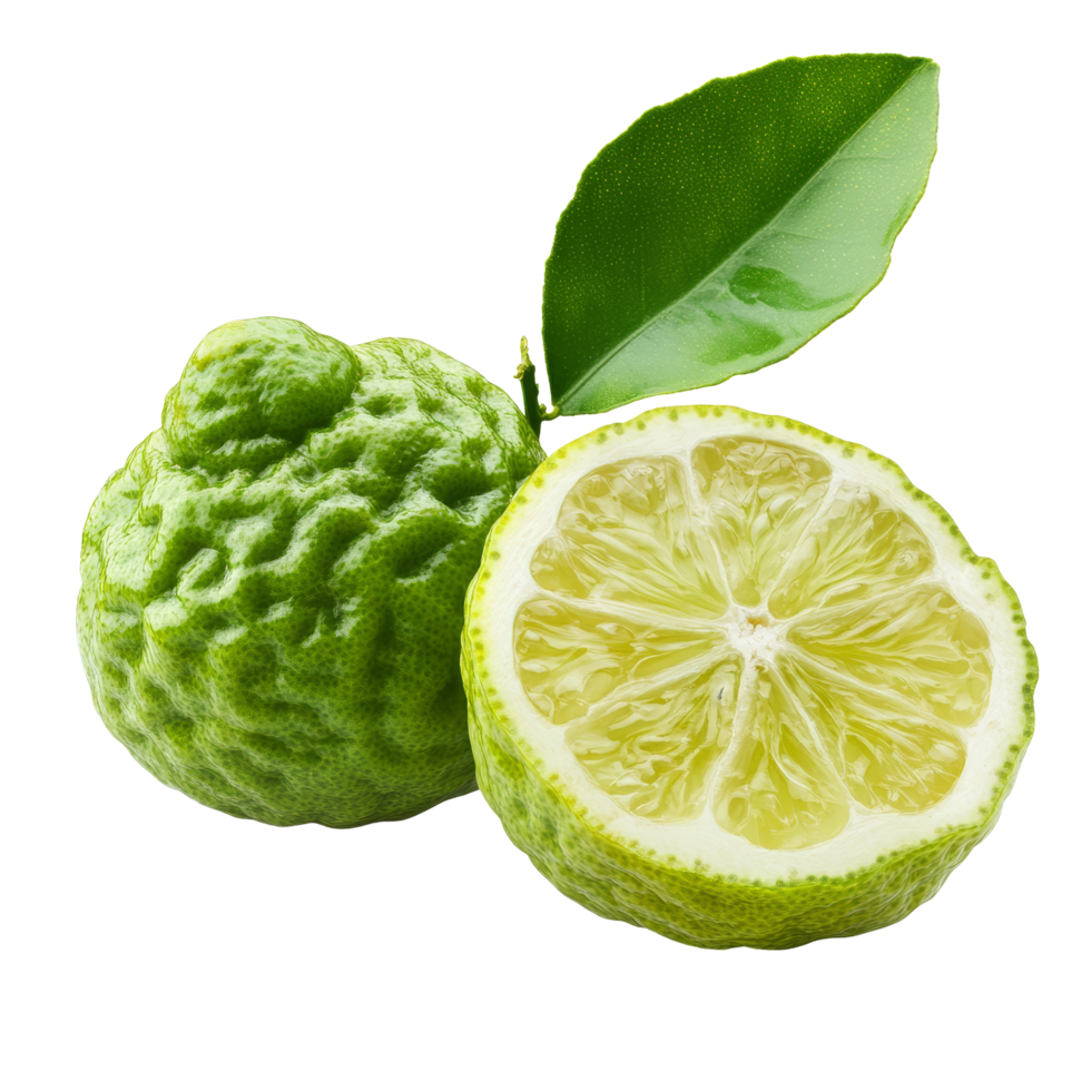 Ripe bergamot fruit cut in half with a fresh leaf on a clean transparent background showcasing its vibrant texture and color, ripe bergamot isolated on transparent background png