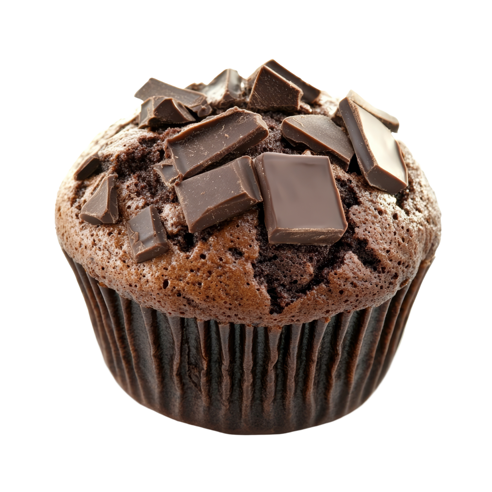 Indulge in a decadent chocolate muffin topped with rich chocolate squares on a bright transparent background, Delicious chocolate muffin on transparent background png
