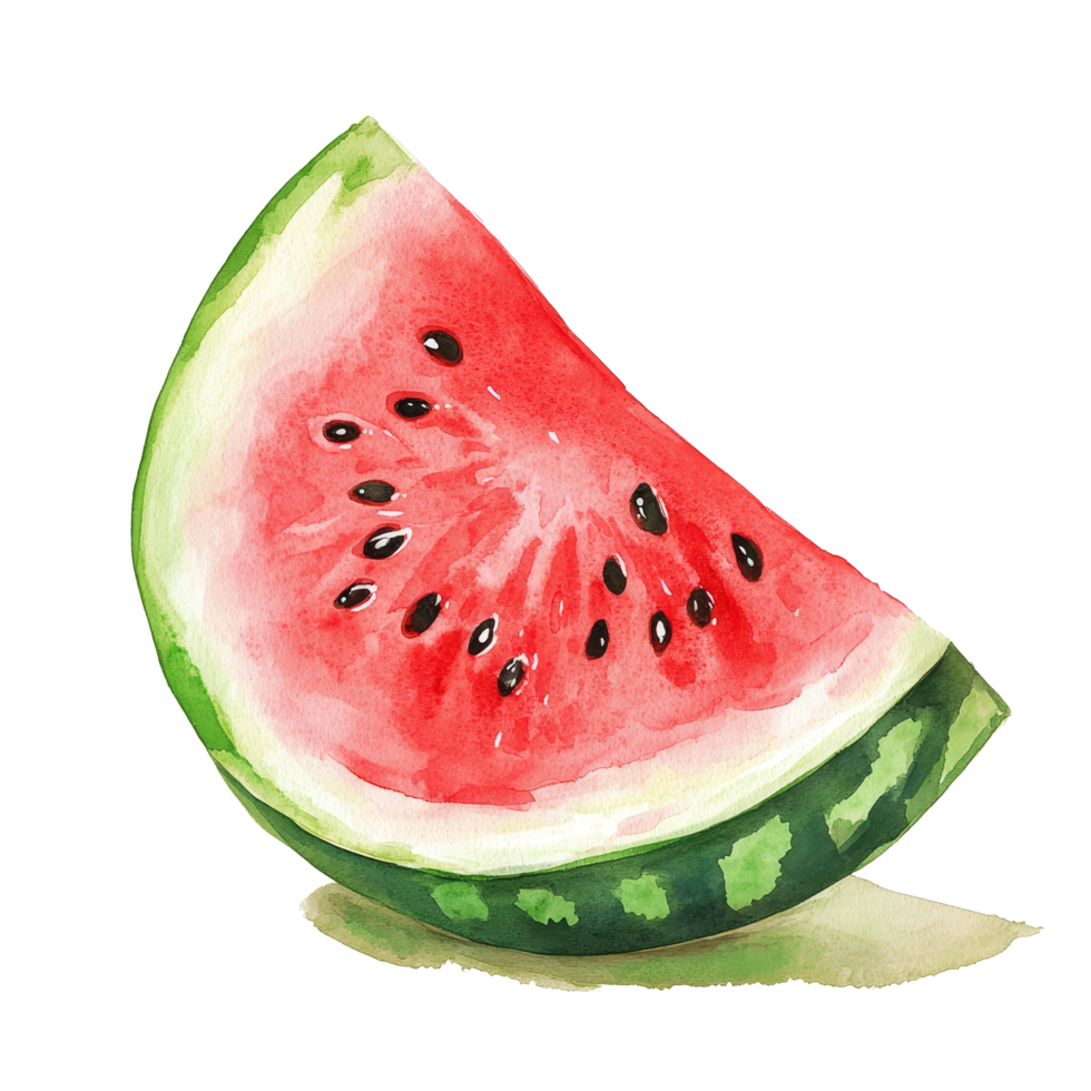 A vibrant watercolor painting of a watermelon slice resting on a clean transparent background, watermelon fruit slice on transparent background png