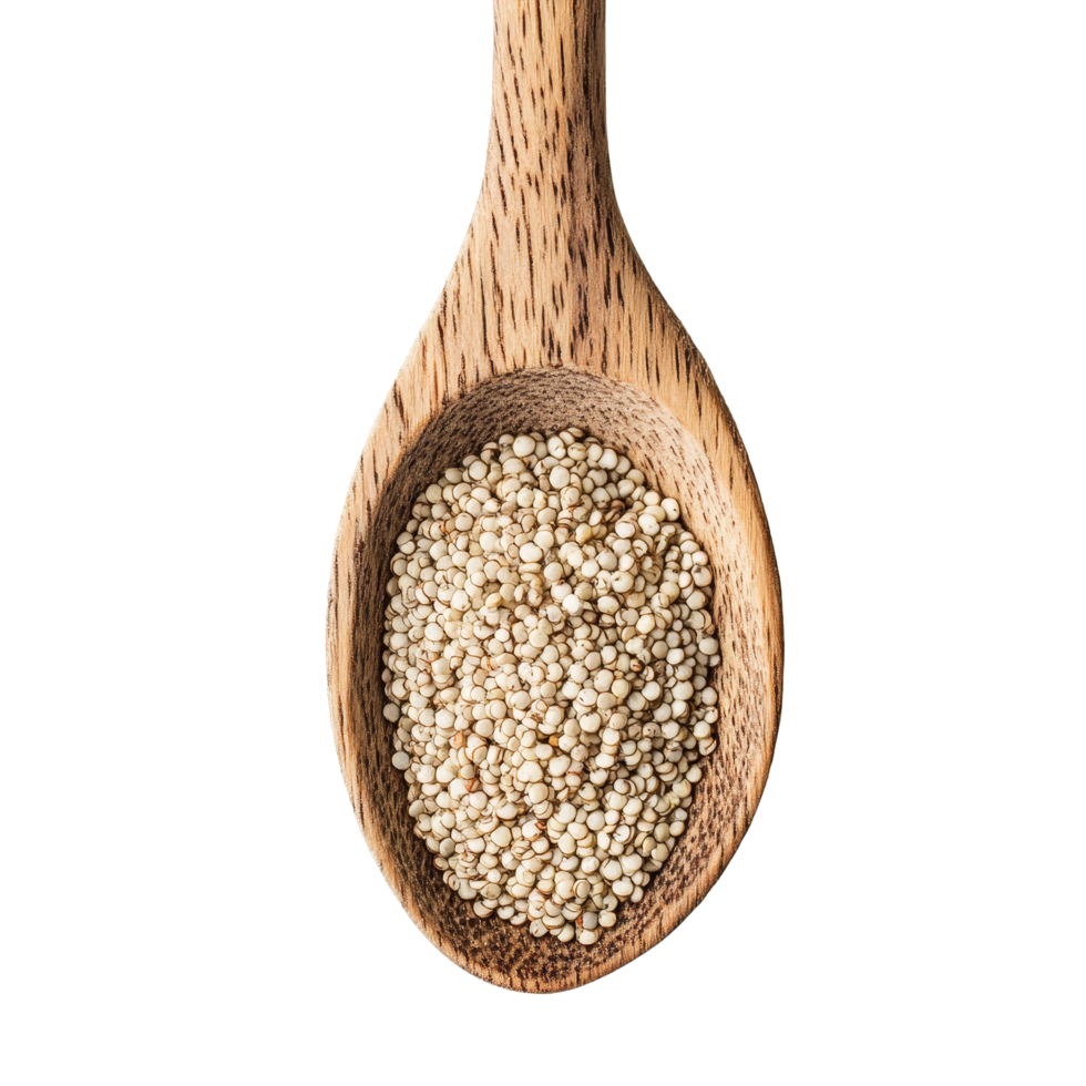Quinoa grains resting in a wooden spoon on a clean transparent background showcasing natural textures and colors, Quinoa in a wood spoon on transparent background png