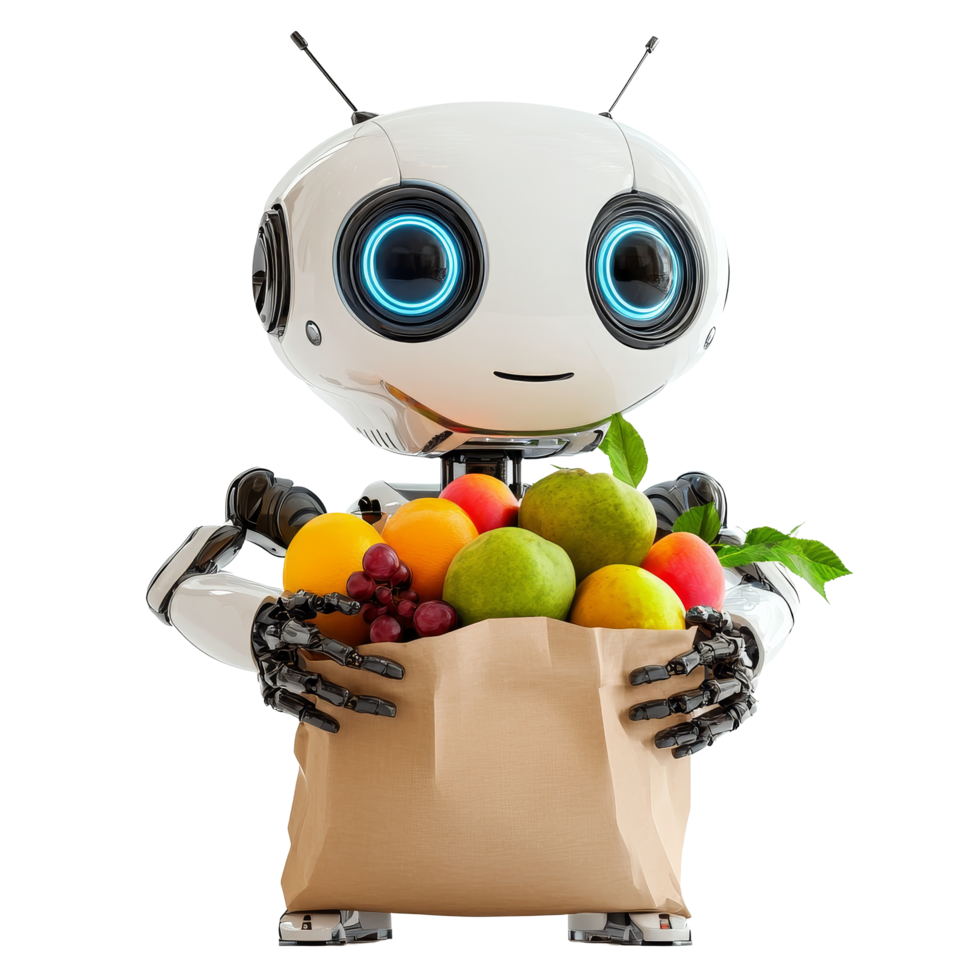 Grocery shopping robot carrying a bag full of fresh fruits in a bright, clean setting, Grocery Shopping Robot with Bag of Fruits On transparent background png