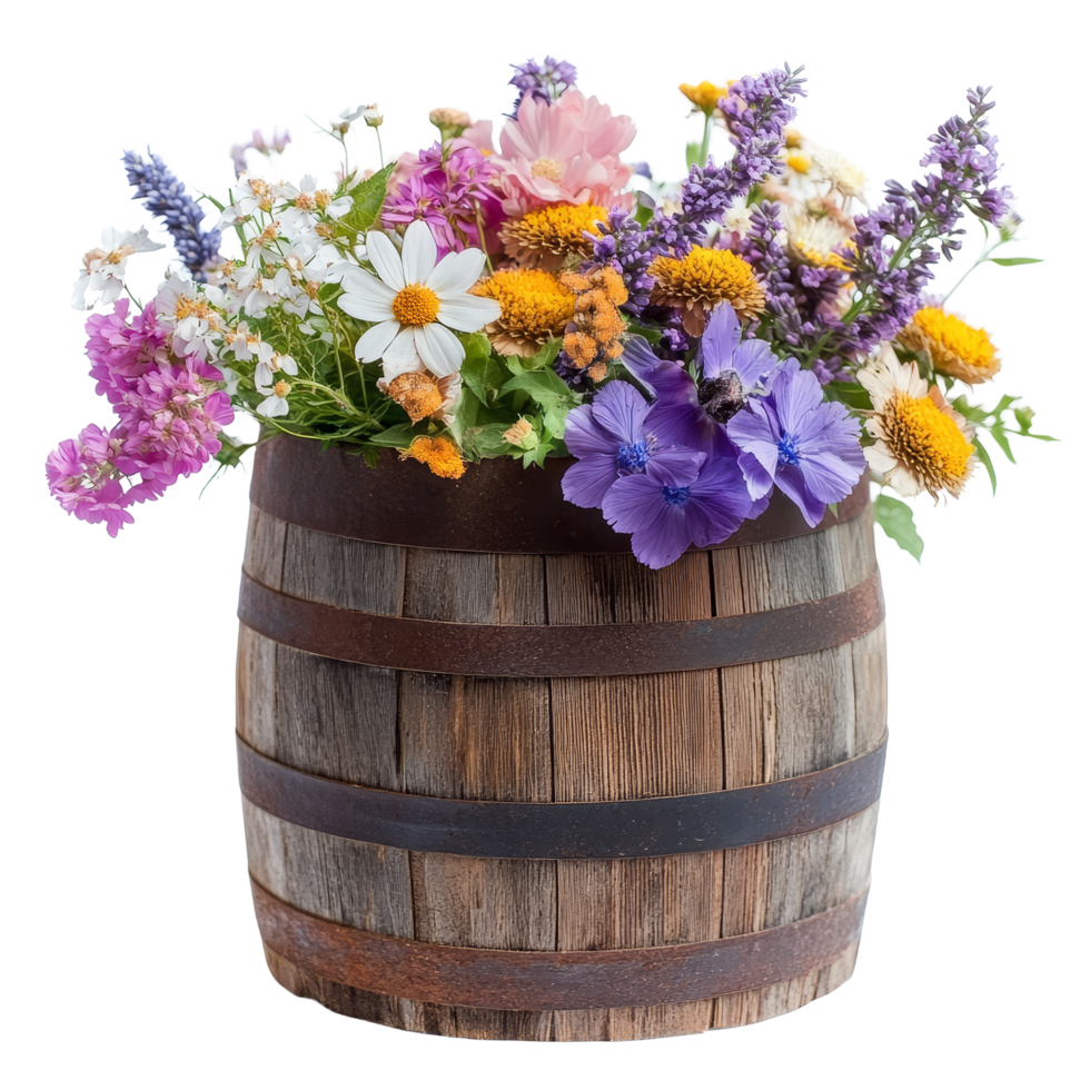 A beautiful arrangement of various natural flowers in a rustic wooden barrel, various natural flower on wooden barrel isolated on transparent background png