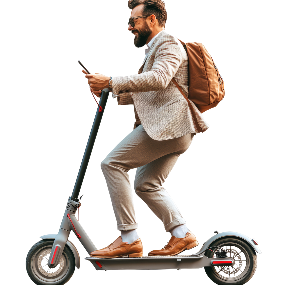 Businessman commuting in a suit on a scooter while using a smartphone in an urban setting, file no background Businessman riding a scooter and using his smartphone png