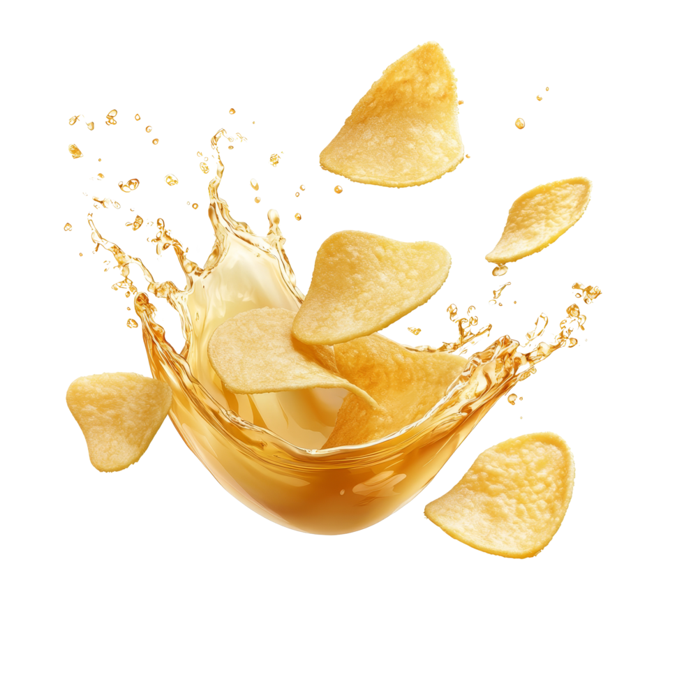 Splashing potato chips in a cascade of flavor over a crisp, clean background, Splashing potato chips isolated png
