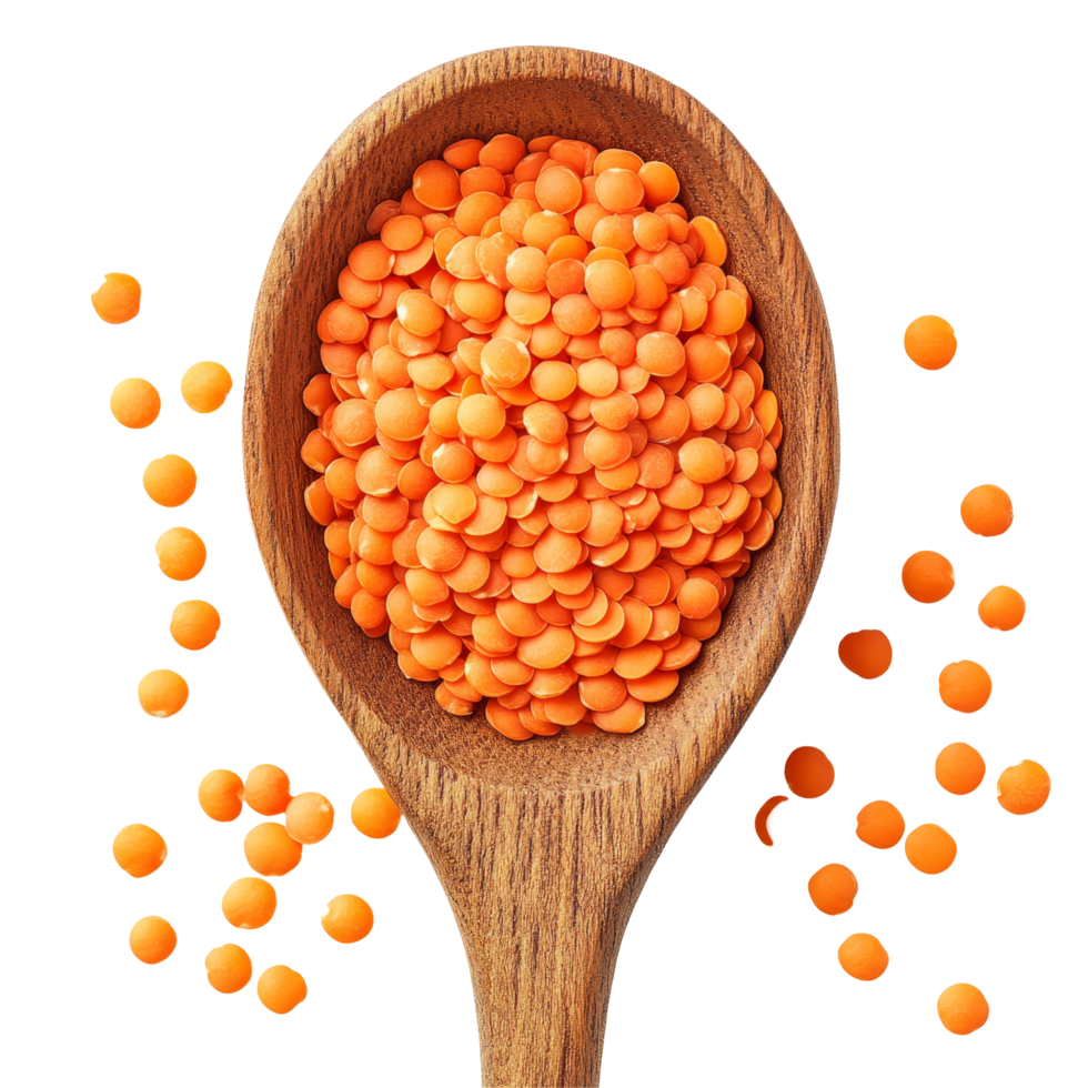 Red lentils in a wooden spoon with scattered lentils on a transparent background highlighting their vibrant color and texture, red lentils in wood spoon on transparent background png