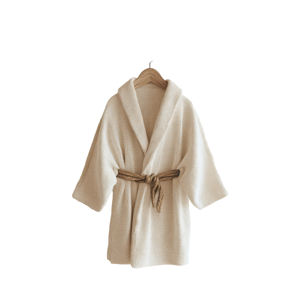 Wooden shelf displaying a cozy robe hanging on a wall for a relaxing home atmosphere, wooden shelf hanging on robe isolated png