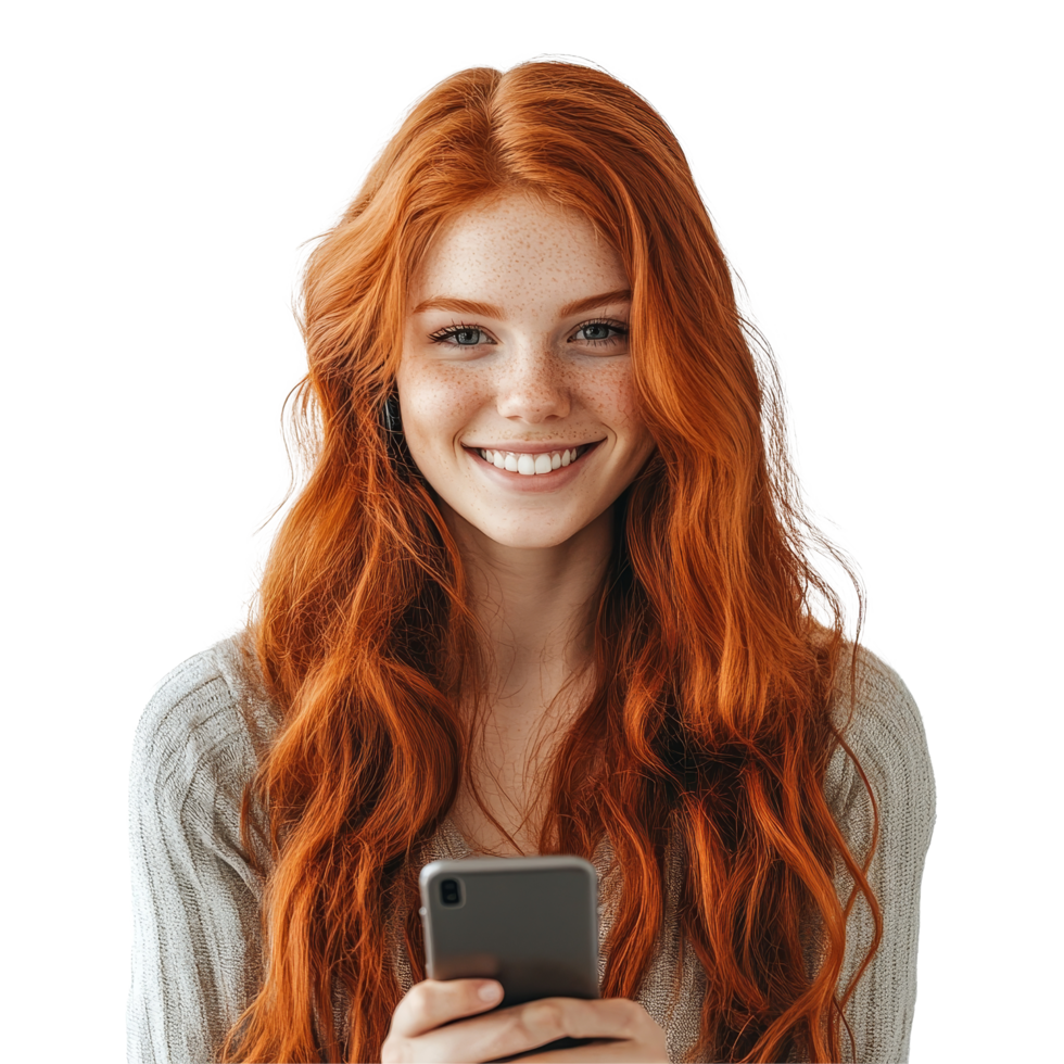 Smiling redhead woman holding a smartphone against a transparent background in a casual setting, Smiling Redhead with Phone on transparent background png