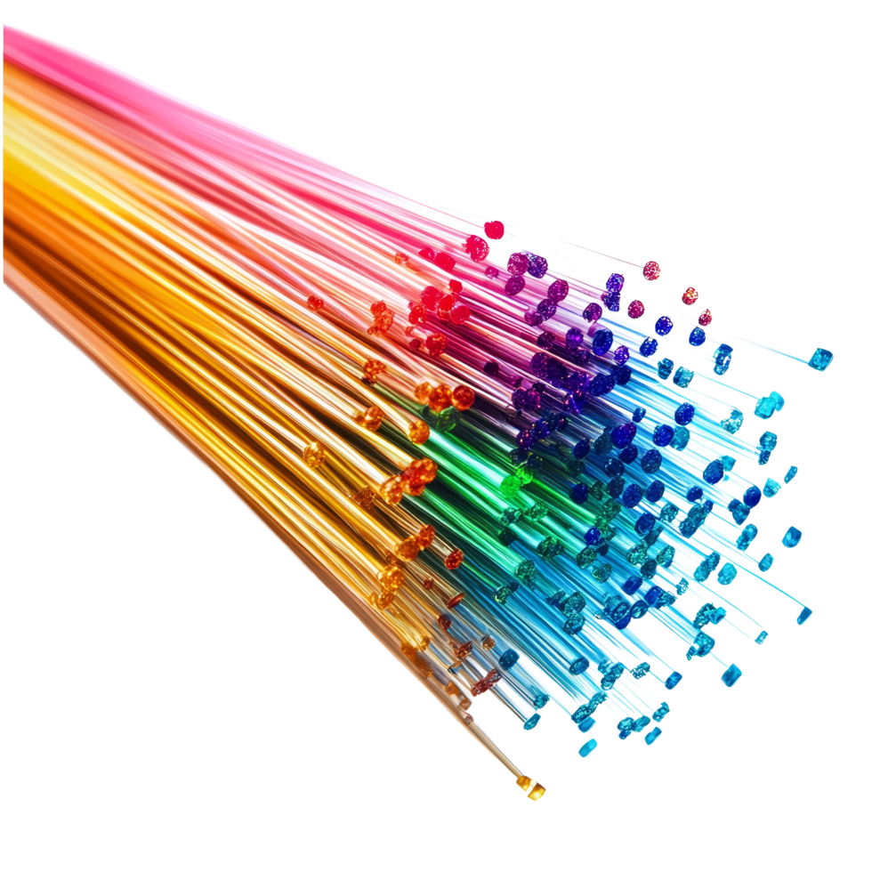 Colorful fiber optic cables arranged together against a clean transparent background, showcasing flexibility and vibrant hues, Fiber optic cables isolated on transparent background png