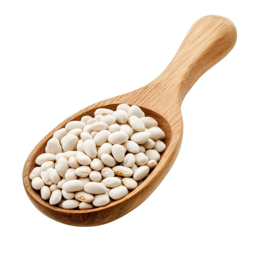 A wooden spoon filled with transparent beans showcased against a bright transparent background, Heap of transparent beans in wood spoon isolated on transparent background png
