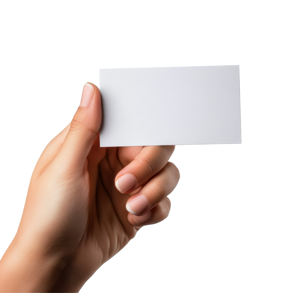 A person holding a blank business name card against a clean transparent background in bright lighting, hand holding blank business name card on transparent backgroundfile png