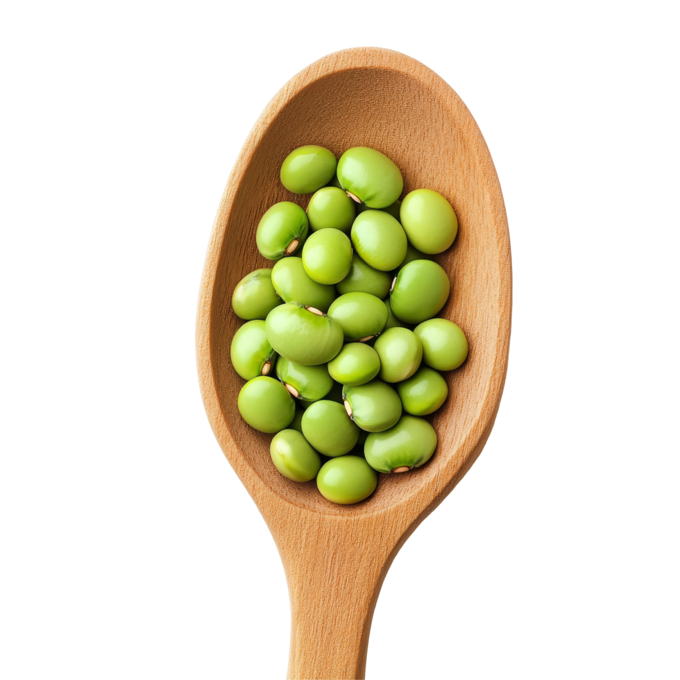 Fresh green soybeans placed thoughtfully in a wooden spoon on a clean transparent background for culinary use, green soybeans in wood spoon on transparent background png