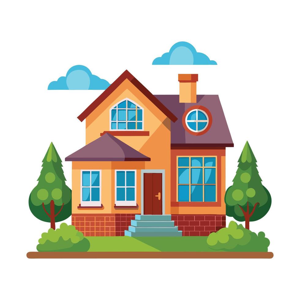 a flat illustration of a home, a tree, a white background vector
