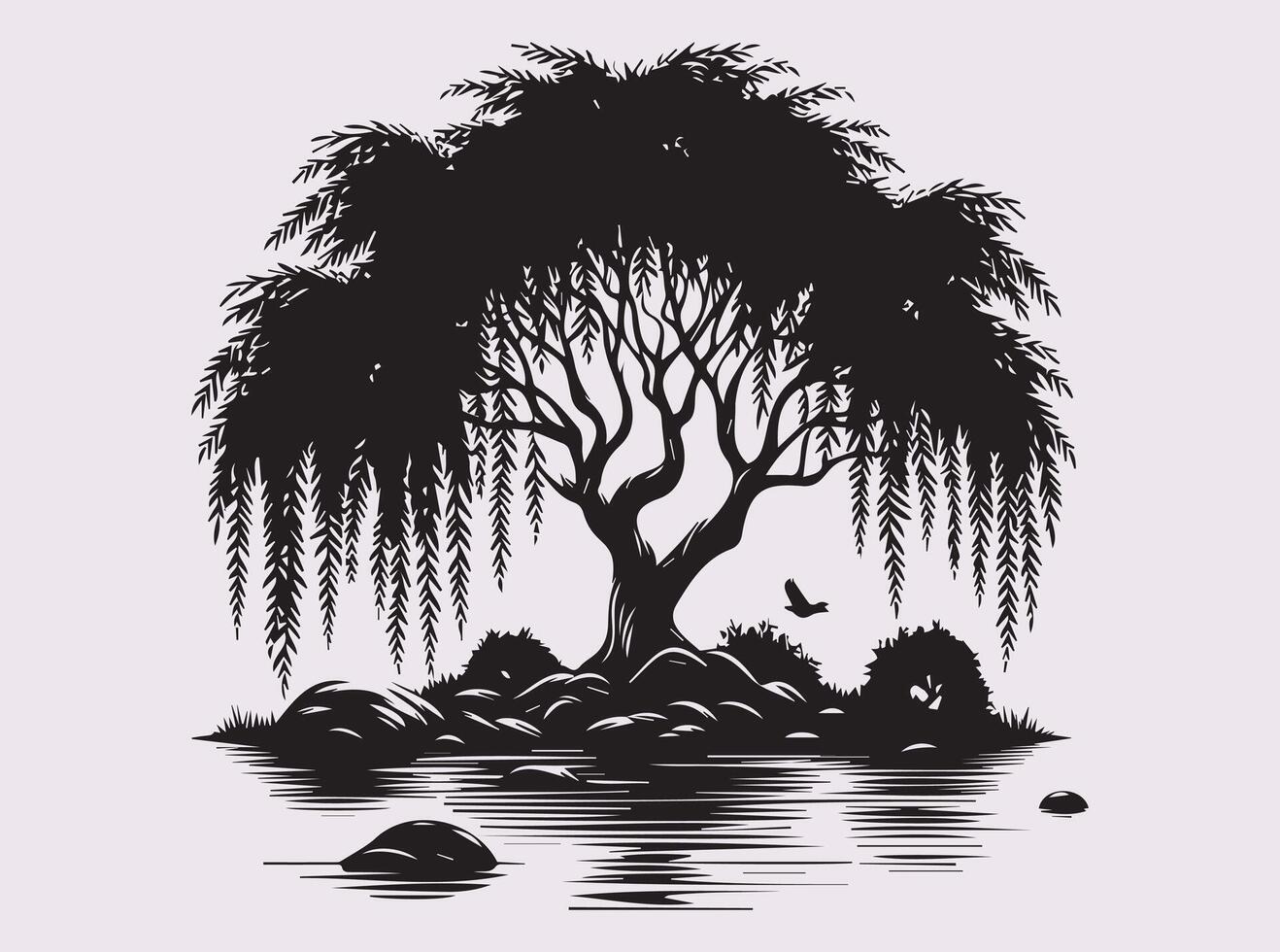Artistic Black Willow Tree Over Pond Silhouette for Home Decoration and Posters vector