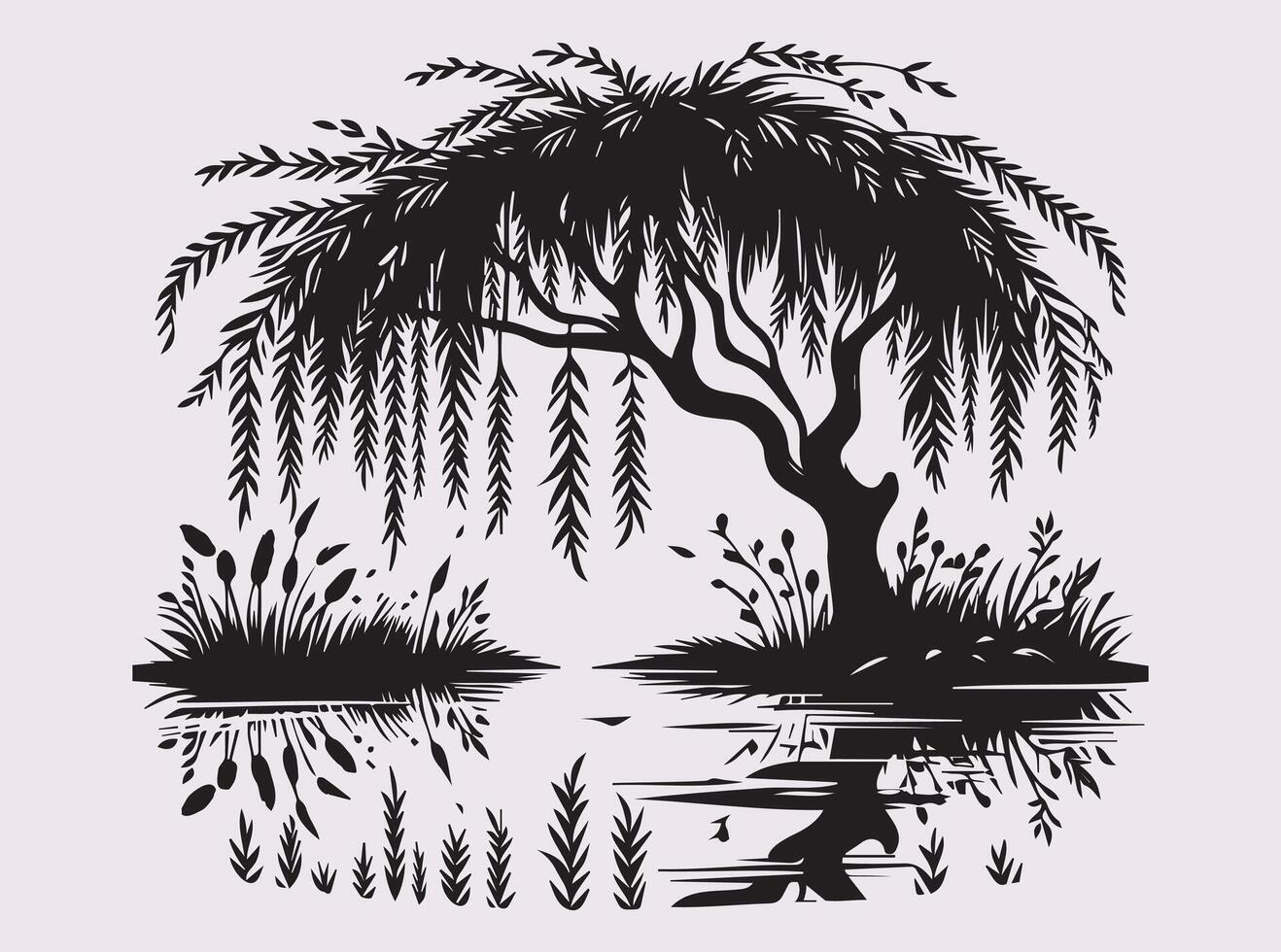 Classic Black Silhouette of a Willow Tree Over a Pond for Home Decor vector