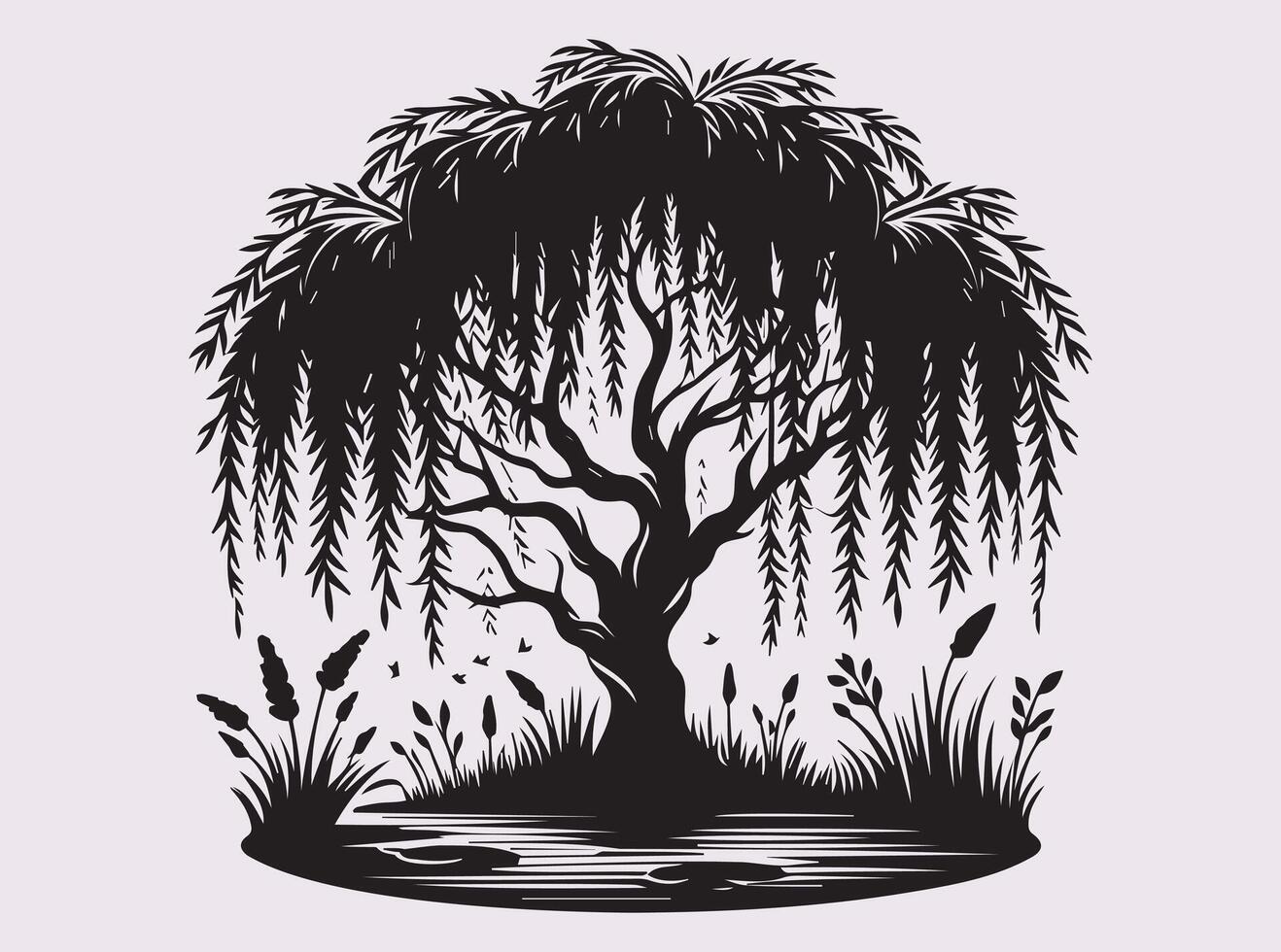 High-Quality Black Silhouette of a Willow Tree Over a Pond for Decorative Uses vector