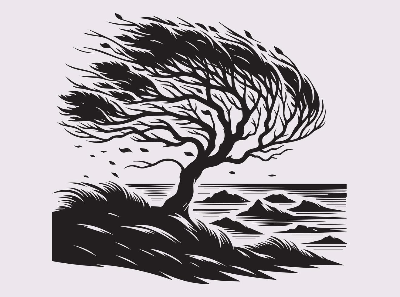 Artistic Black Windblown Coastal Tree Silhouette for Posters and Decorative Prints vector