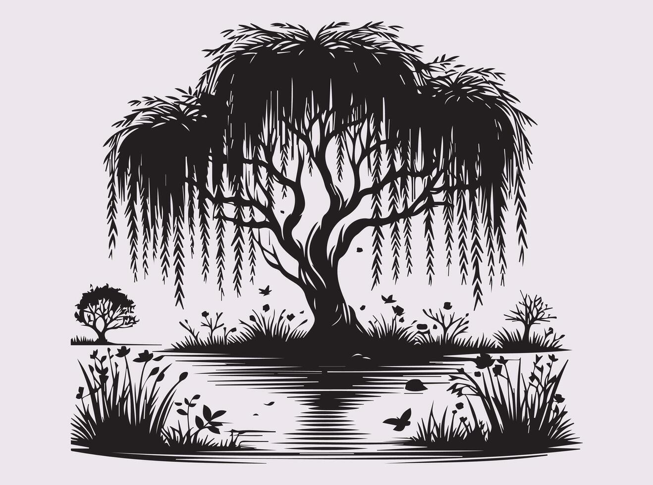 Peaceful Black Silhouette of a Willow Tree Over a Pond for Serene Landscape Designs vector