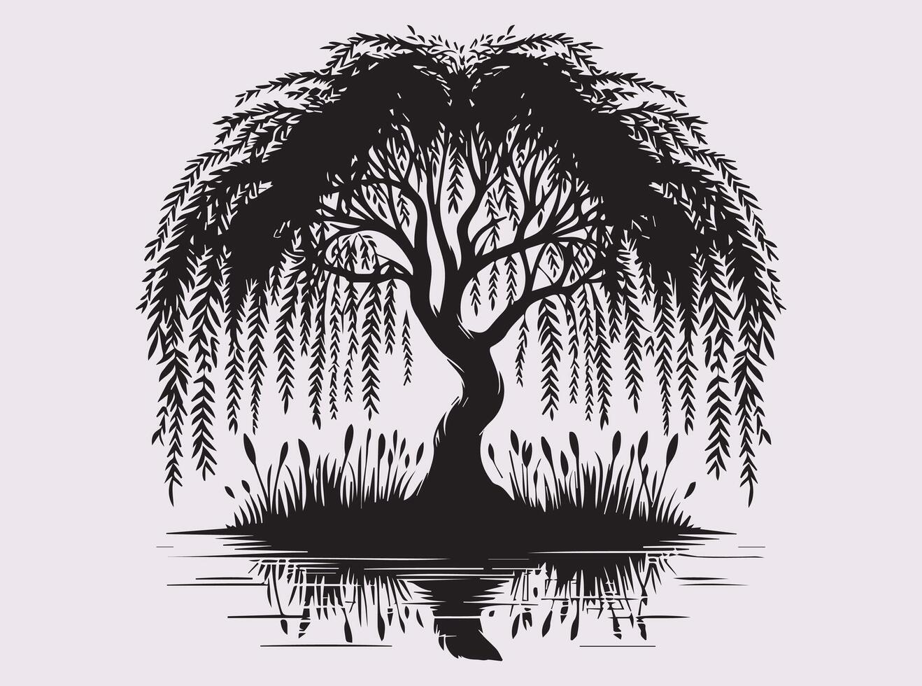 Silhouette of a Willow Tree Over a Pond for Elegant and Aesthetic Artwork vector