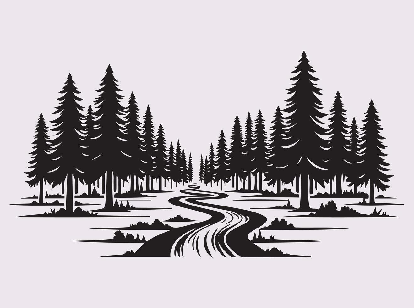 Tranquil Black Silhouette of a Redwood Forest Path for Serene and Scenic Designs vector
