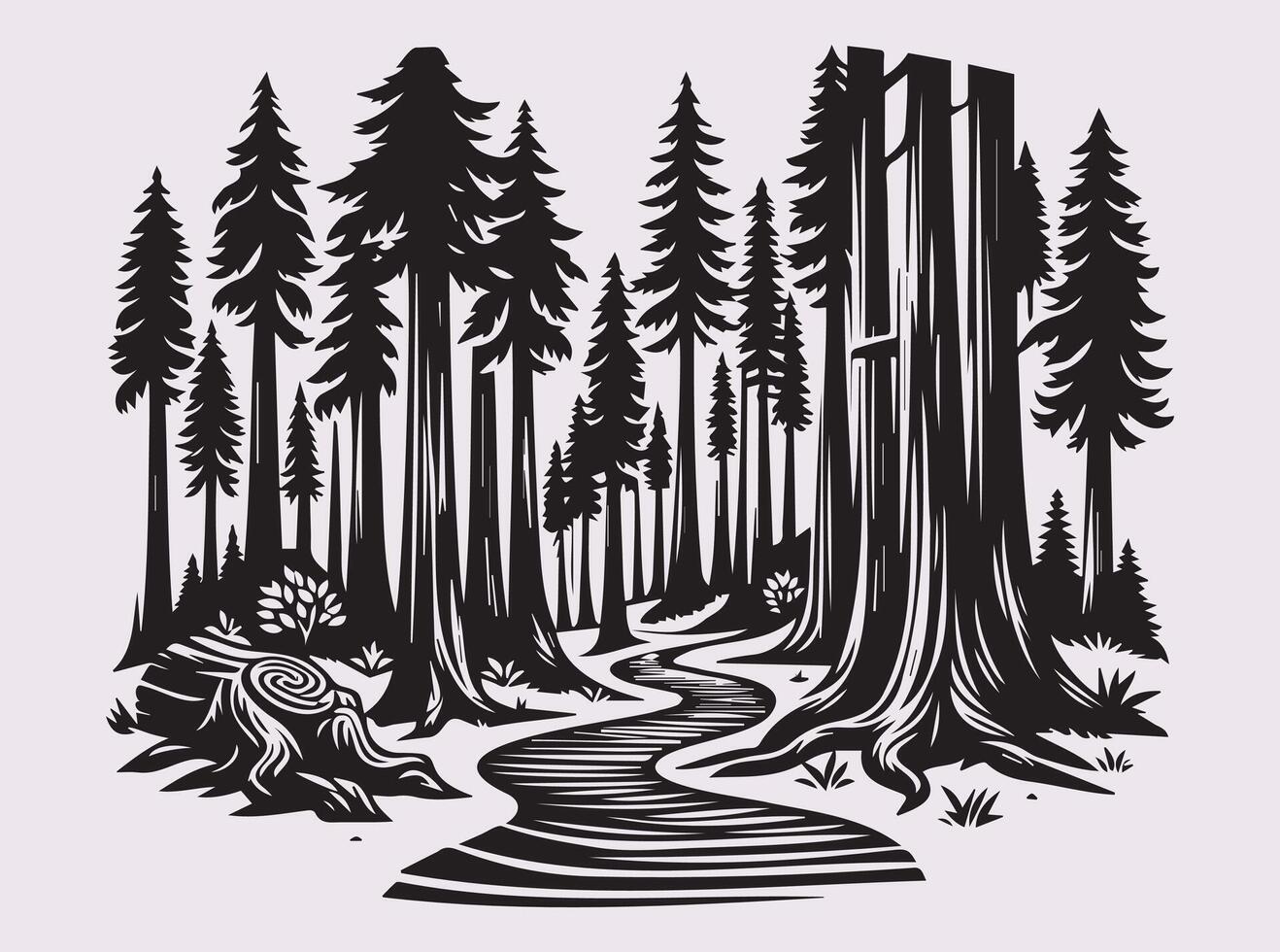 Classic Black Silhouette of a Redwood Forest Path for Nature-Inspired Art vector
