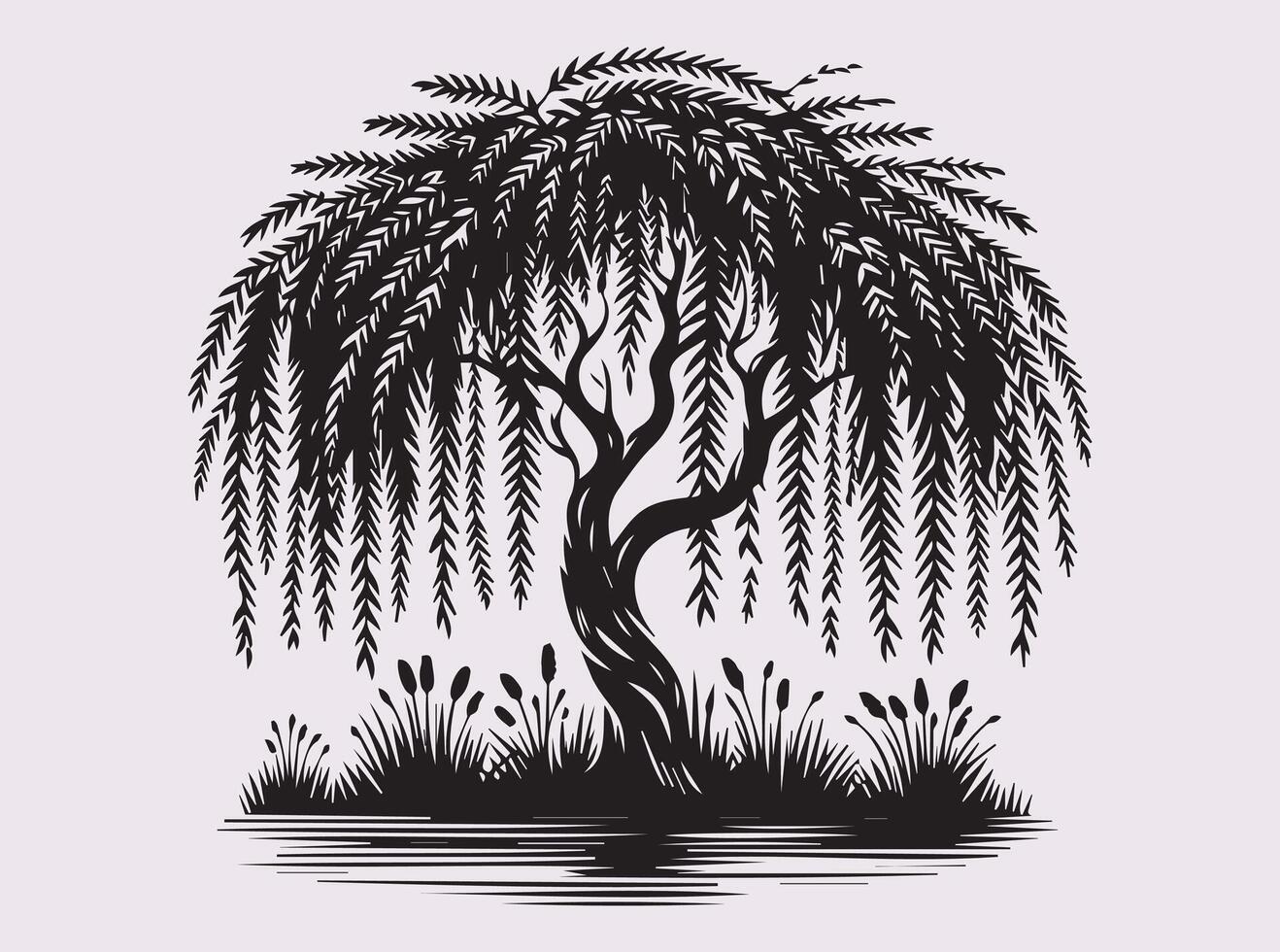 Black Silhouette of a Willow Tree Over a Pond for Wall Art and Nature-Inspired Prints vector