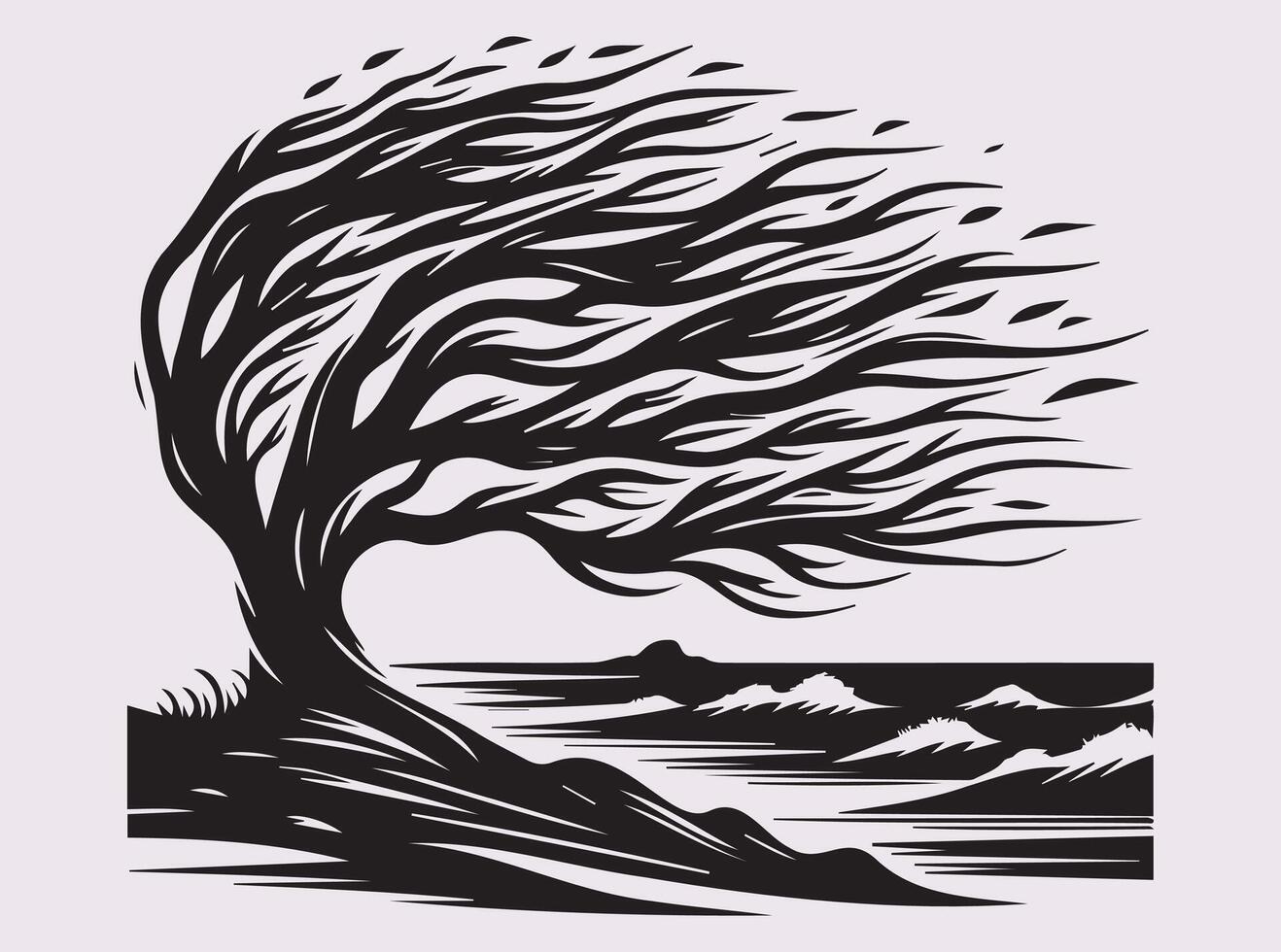 Modern Black Silhouette of a Windblown Coastal Tree for Stylish and Elegant Prints vector