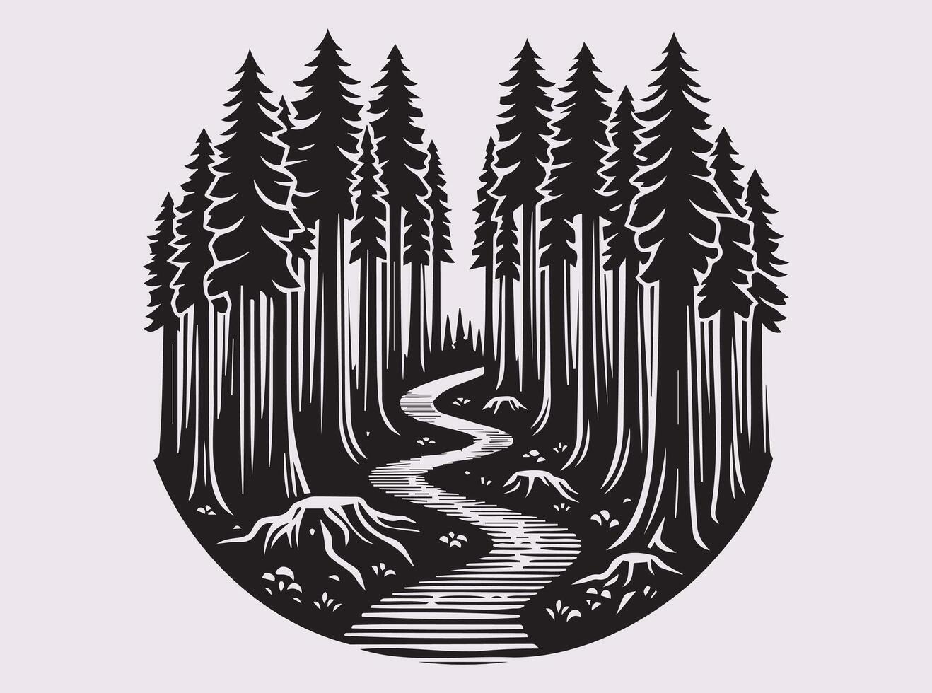 Black Silhouette of a Redwood Forest Path for Nature-Themed Wall Art and Posters vector