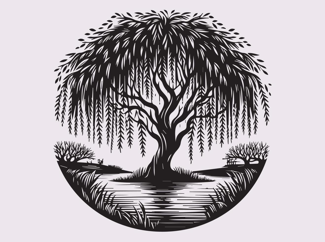 Detailed Black Willow Tree Over Pond Silhouette for Artistic and Creative Projects vector