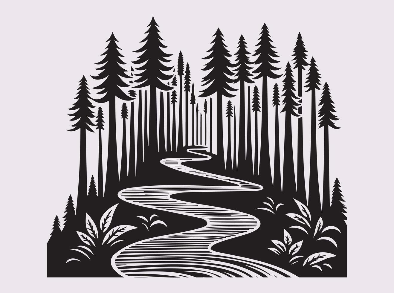 Minimalist Black Redwood Forest Path Silhouette for Unique Design Projects vector