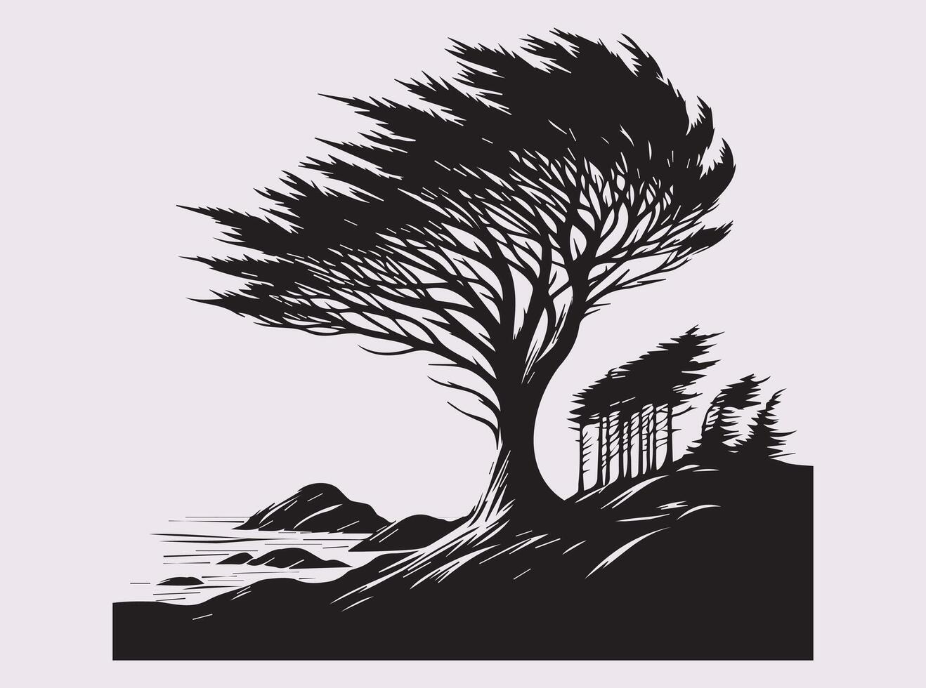Unique Black Silhouette of a Windblown Coastal Tree for DIY Crafts and Stickers vector