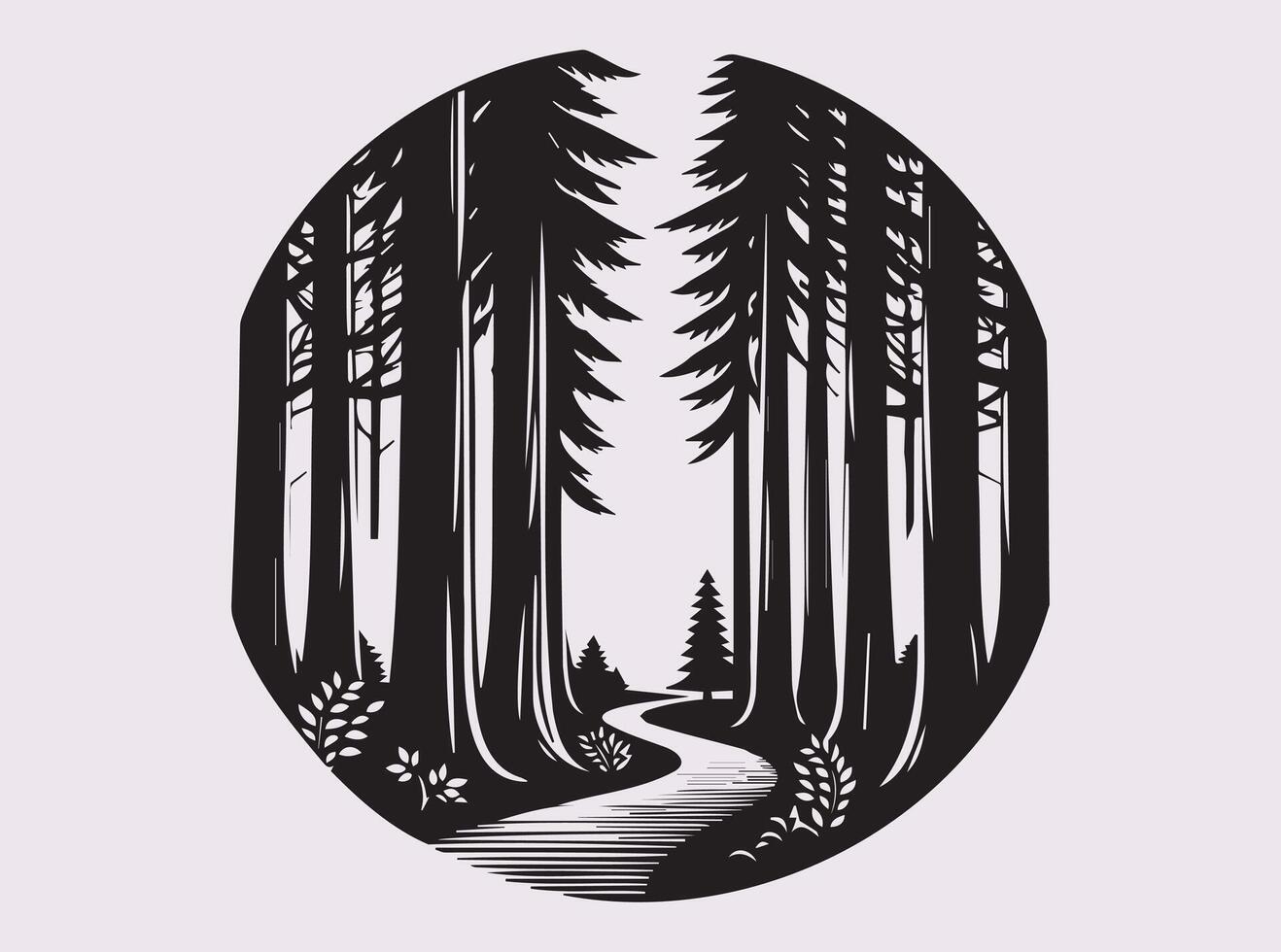 Elegant Black Silhouette of a Redwood Forest Path for Wall Art and Home Decor vector