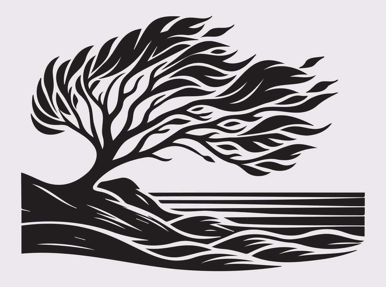 Detailed Black Windblown Coastal Tree Silhouette for Artistic and Decorative Uses vector