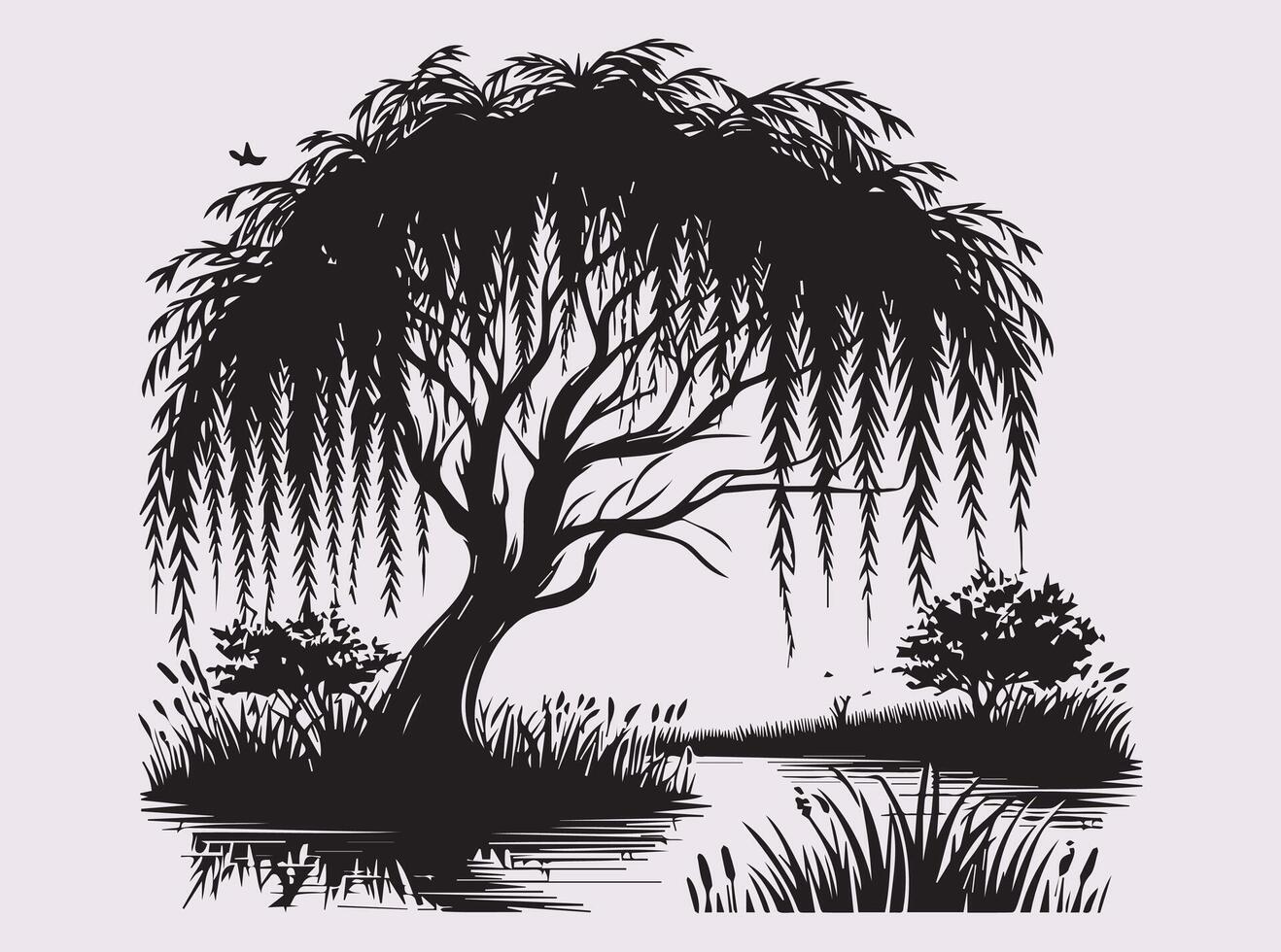 Unique Black Silhouette of a Willow Tree Over a Pond for Stickers and Craft Projects vector