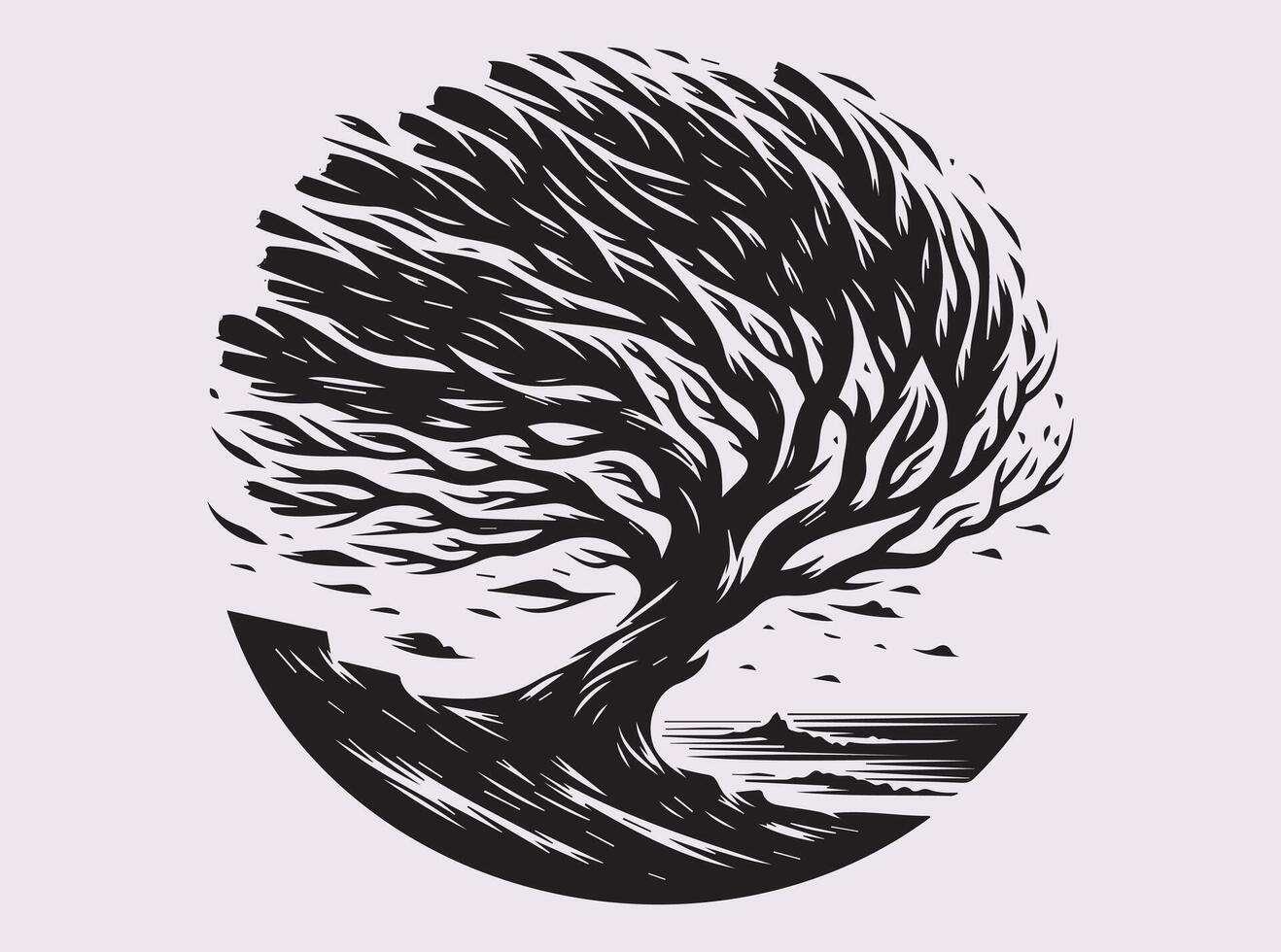 Black Silhouette of a Windblown Coastal Tree for Nature-Themed Wall Art and Posters vector