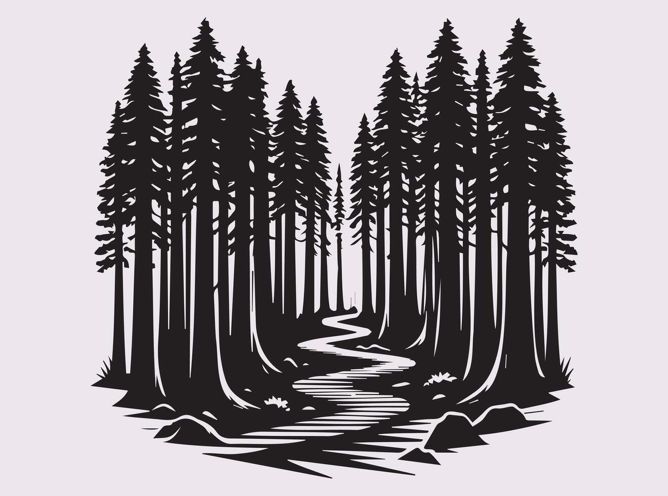Beautiful Black Silhouette of a Redwood Forest Path for Scenic Landscape Art vector