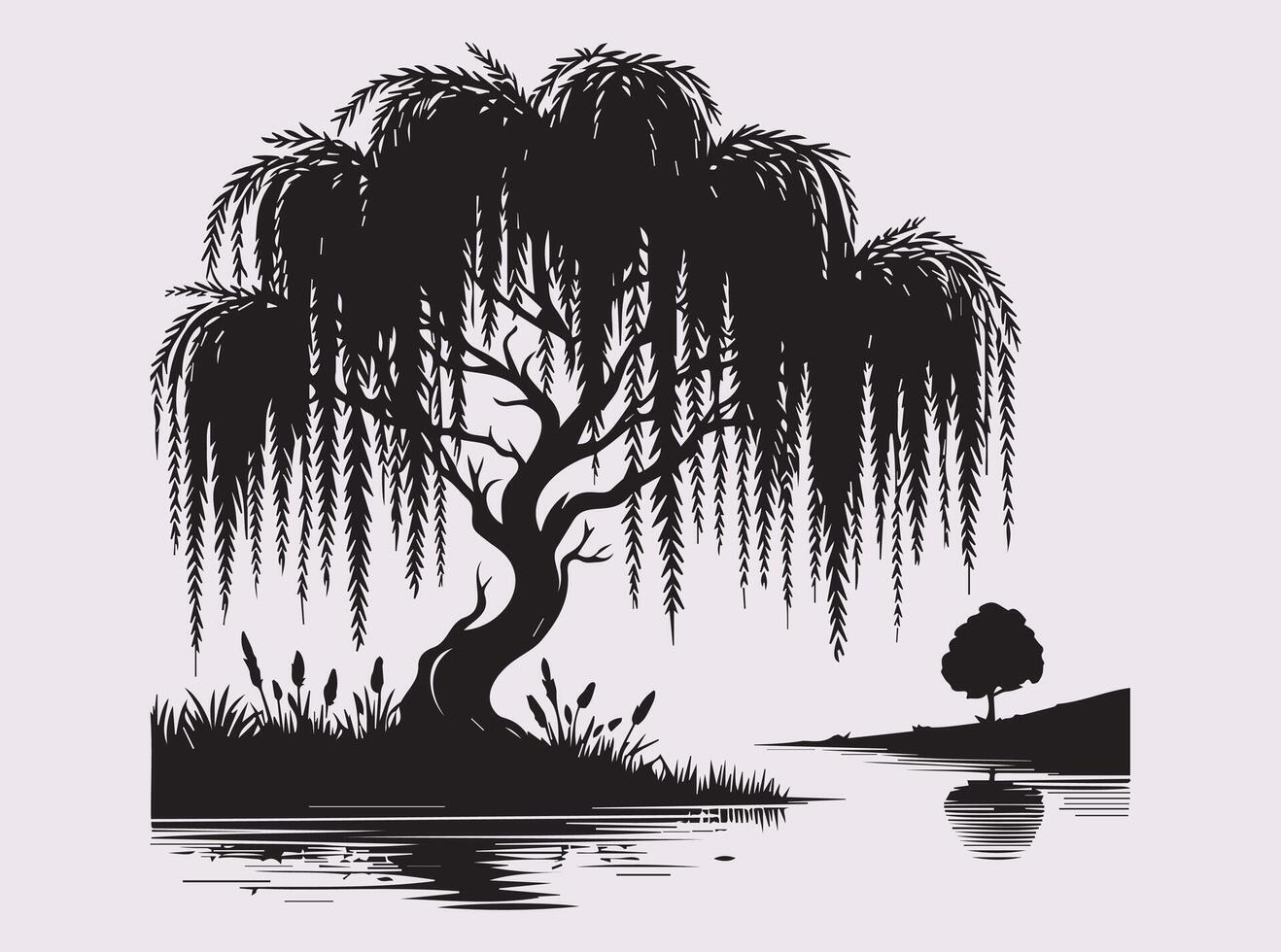 Stunning Black Silhouette of a Willow Tree Over a Pond for Logos and Prints vector